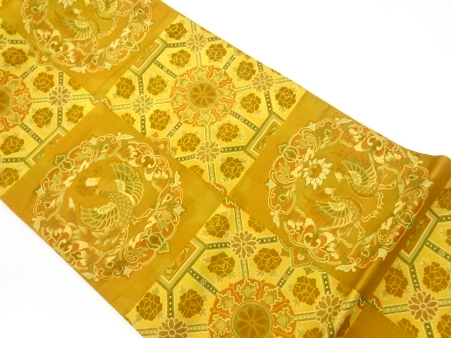 リサイクル　山下織物製　市松に華紋・鳳凰・草花模様織出し袋帯